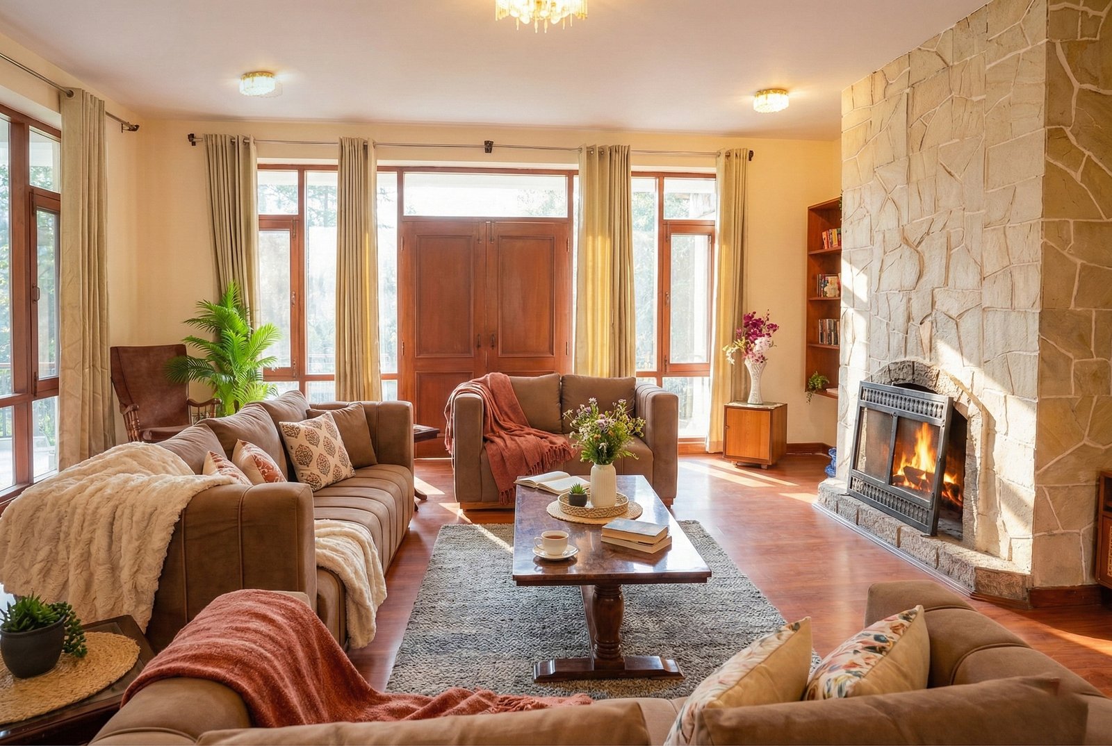 Bright and airy living room with natural sunlight, comfortable seating, and traditional Himalayan wood accents at Forestbound villa Manali